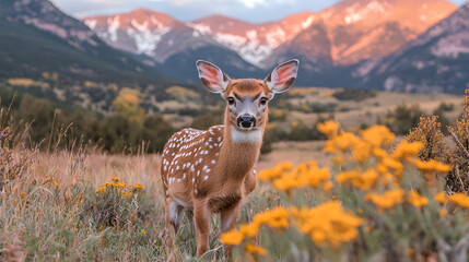 Fototapeta premium Fawn in autumn meadow, mountain sunset