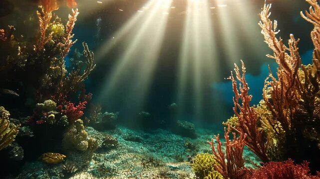Underwater coral reef ecosystem illuminated by sunlight in clear blue waters