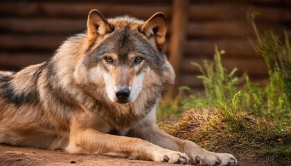 Fototapeta premium Majestic Gray Wolf Captive Encounter A Portrait of Canis Lupus in Sandstone, Minnesota, Amidst Winters Twilight