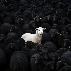 Fototapeta premium Harmony in Contrast: A White Sheep Among a Gathering of Dark Grey Flock. Generative AI