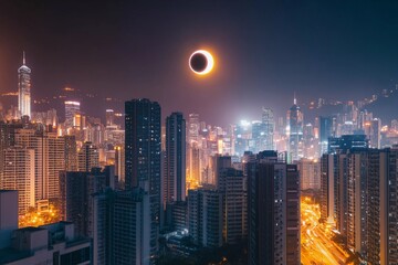 Fototapeta premium Lunar eclipse casts a shadow over a vibrant modern city skyline at night