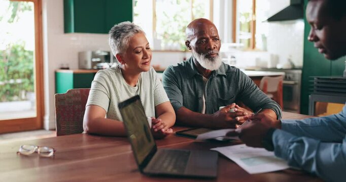Old couple, paperwork or financial advisor in home with policy info, elderly husband and wife. Planning, laptop or senior people with advice for retirement savings growth, insurance fund or documents