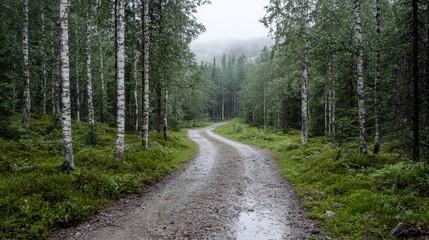 Obraz premium Rainy day, forest road curves, birch trees, misty background, nature scene