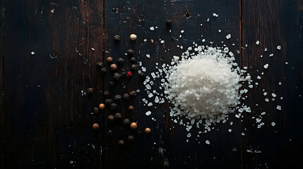 A collection of coarse sea salt crystals and peppercorns scattered across a dark wooden surface, showcasing the natural textures and colors of the spices.