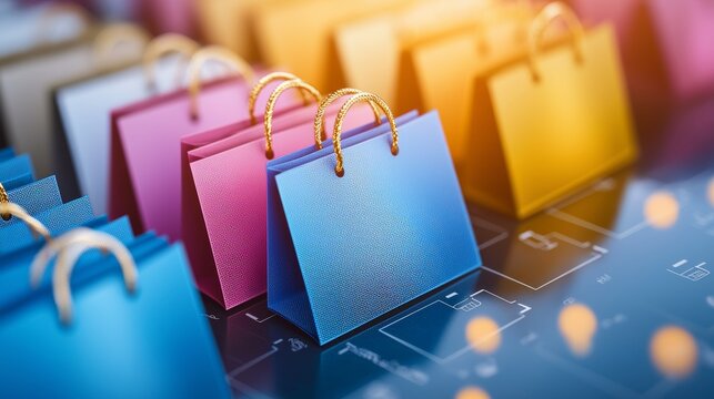 Artistic collage of gift cards adorned with holiday patterns, with shopping bags and discounts highlighted, holiday deals visualization