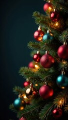 Obraz premium Ornate Christmas tree, vibrant baubles, glowing lights , christmas spirit, decoration
