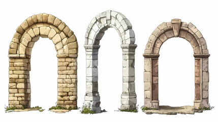 Set of four ancient stone archways isolated on white background, showcasing different styles and textures in architectural design. Ancient Textures. Illustration