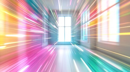 Abstract hallway with vibrant light streaks, creating a dynamic and energetic atmosphere.  The bright colors and motion blur suggest speed and progress.