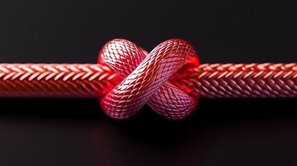 Artistic depiction of a central pink knot on a red rope, colorful strands radiating on a minimalist dark surface, unity and resilience