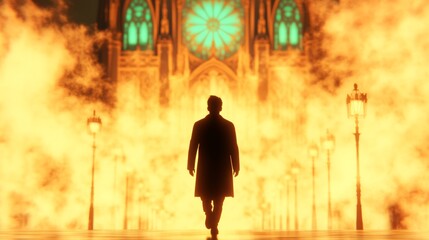 Fototapeta premium Silhouette of a man walking away from a fiery cathedral at night. Dramatic lighting and smoke create a mysterious atmosphere.