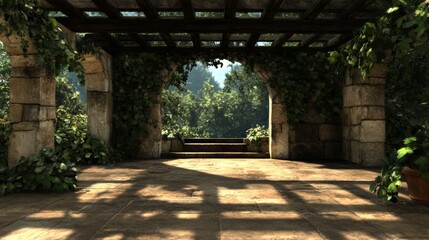 Fototapeta premium Serene stone patio with lush greenery, bathed in sunlight. A tranquil escape in nature.