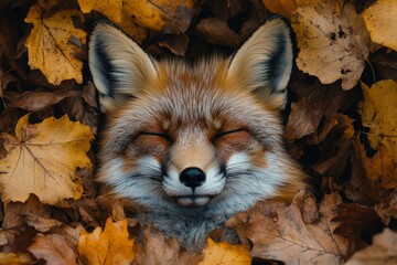 Fototapeta premium Fox resting among autumn leaves in a tranquil forest during a sunny day