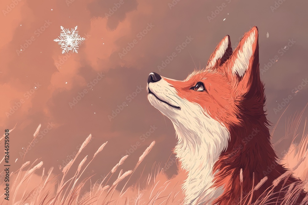 Poster fox gazes at falling snowflake in a serene meadow during twilight