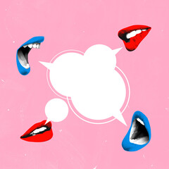 Contemporary art collage. White speech bubbles emerge between expressive red and blue lips, emphasizing open communication and power of spoken words. Concept of teamwork, feedback. Ad