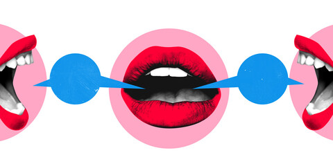 Contemporary art collage. Central mouth releases two blue speech bubbles, forming bridge between voices, representing balanced discussion and constructive dialogue. Concept of communication, feedback.