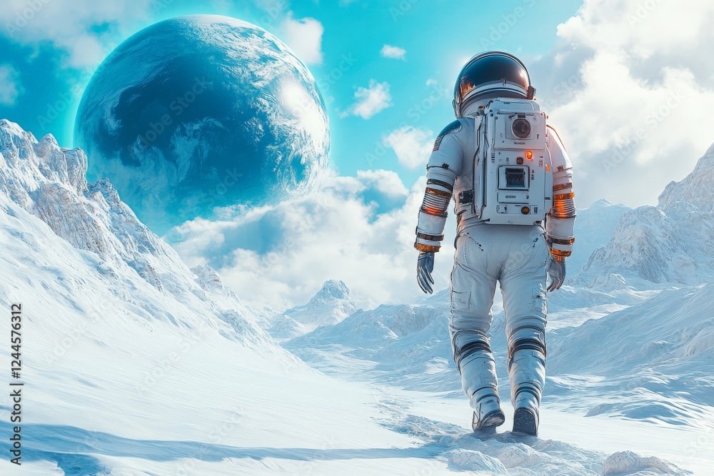 Poster ast astronaut explores an alien landscape surrounded by snowy mountains and a large distant planet