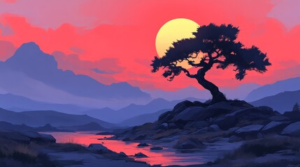 Serene sunset landscape with a lone tree silhouetted against a vibrant sky. Peaceful and colorful digital art.