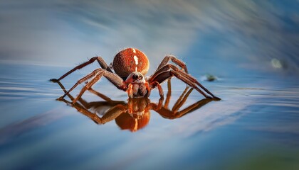 Great Raft Spider Dolomedes plantarius in Tranquil Waters A Captivating Closeup of Natures Web Master at Dusk
