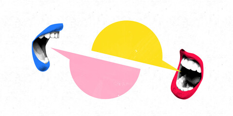 Contemporary art collage. Two talking mouths exchange speech bubbles shaped like puzzle pieces, symbolizing meaningful connection, and conflict resolution. Concept of communication, feedback. Ad