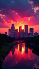 Fototapeta premium Vibrant Austin skyline against a colorful sunset , colors, buildings