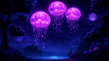 Obraz premium Three luminous jellyfish float serenely against a night sky, casting an enchanting purple glow over a tranquil lakeside landscape.