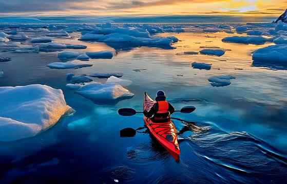 Homem navegando de caiaque num mar gelado 