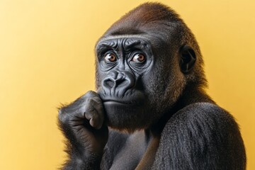 Obraz premium Gorilla poses thoughtfully against a bright yellow background with a calm expression and a raised fist on chin