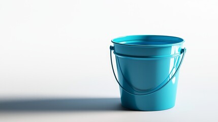A vibrant blue plastic bucket with a sturdy handle, captured in a 3D render, glossy finish, minimal shadows on a pure white backdrop