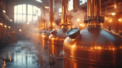 Copper brewing vessels in a historic brewery with steam and warm ambient lighting