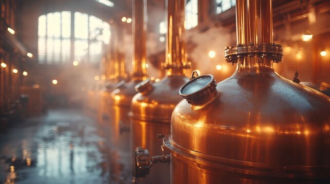 Copper brewing vessels in a historic brewery with steam and warm ambient lighting