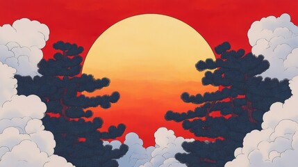 Serene sunset landscape with dark pine trees silhouetted against a vibrant, warm-toned sky. A large sun dominates the center, creating a peaceful and mystical atmosphere.