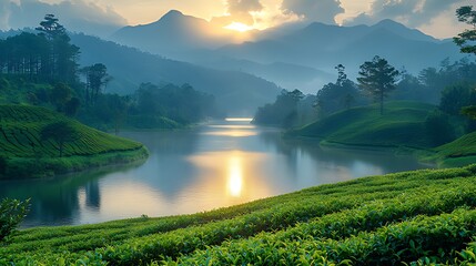 Obraz premium Sunrise over misty tea plantation lake