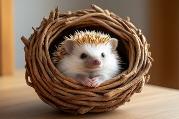 Hedgehog nestled in a cozy twig nest resting on a wooden surface in a warm indoor setting