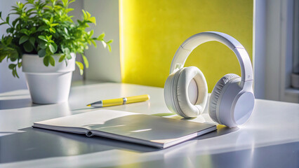 White Wireless Headphones on Desk with Notebook, Pen, and Plant