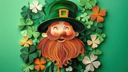 Playful paper art depiction of an Irish man smiling with clovers and blooming flowers featuring a bright green background that highlights the festive spirit of St Patrick's Day
