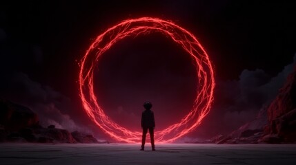 Fototapeta premium Silhouette of a person standing before a glowing red ring in a dark, desolate landscape. A mysterious and dramatic scene.