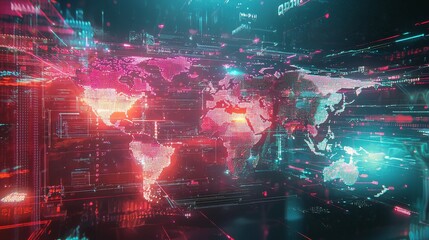World map with vibrant logistics paths, pastel holographic theme, futuristic digital style, soft transitions, illuminated nodes representing key points