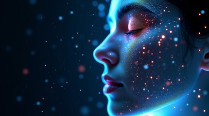 A Digital Face Fragmenting into Glowing Data Particles