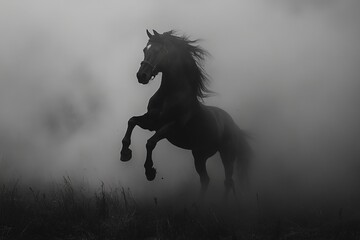 Majestic black horse rears in a misty field at dawn, embodying strength and grace amidst ethereal fog