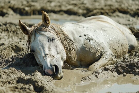Horse lying in mud at a rural farm during a sunny day in early summer