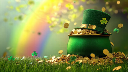 A festive green leprechaun hat surrounded by gold coins, evoking the spirit of St. Patrick's Day with a vibrant rainbow in the background.
