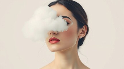 Fototapeta premium Contemporary Art Collage of a Woman's Portrait with Face Covered by Cloud – Surreal Concept of Emotions and Mind