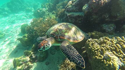 Fototapeta premium Sea Turtle Gracefully Navigating Vibrant Coral Reef