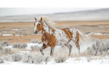 Obraz premium Wild horse galloping through snowy landscape in western plains during winter season