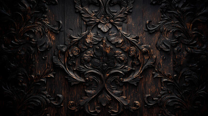 Dark wood texture with intricate carvings and a subtle shadow effect, shadows, textures, darkwood. Ancient Textures. Illustration