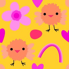 Easter chicken and eggs seamless birds pattern for wrapping paper and fabrics