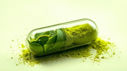 Large Transparent Capsule Filled with Green Tea Leaves and Matcha Powder on a Soft Green Background