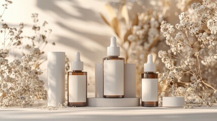 Minimalist Skincare Bottles on Neutral Background with Floral Accents