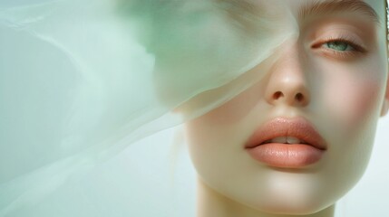 Fototapeta premium Serene Beauty: A close-up portrait of a woman's face, partially veiled by a sheer, light green fabric, evokes a sense of ethereal beauty and tranquility.