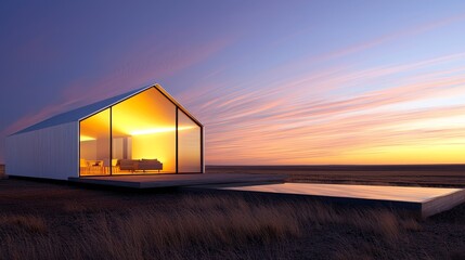 Fototapeta premium A vast white shed with glowing floodlights, showcasing clean lines and modern architecture, set in a serene rural landscape at dusk